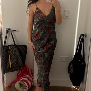 L'AGENCE Black and Red Floral Midi Dress